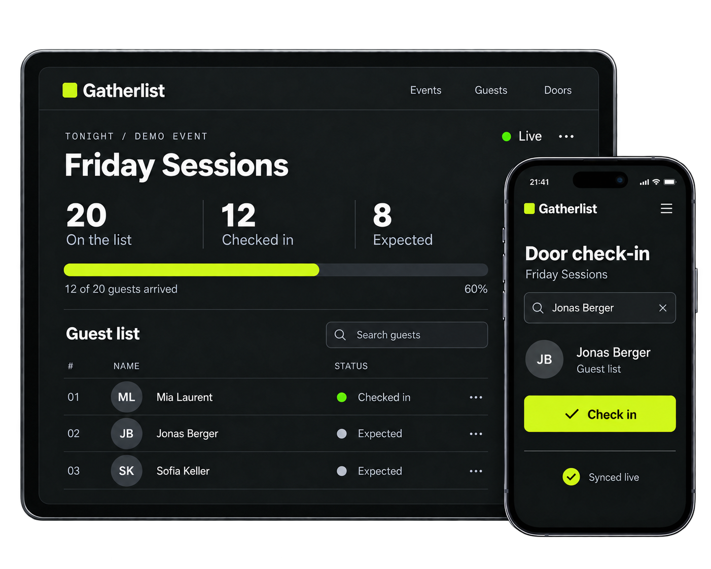 Illustrative Gatherlist guest workspace and phone check-in screen, shown in English.